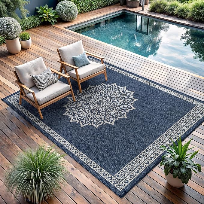 CAMILSON Outdoor Rug 6x9 Medallion Blue Modern Area Rugs - Image 4