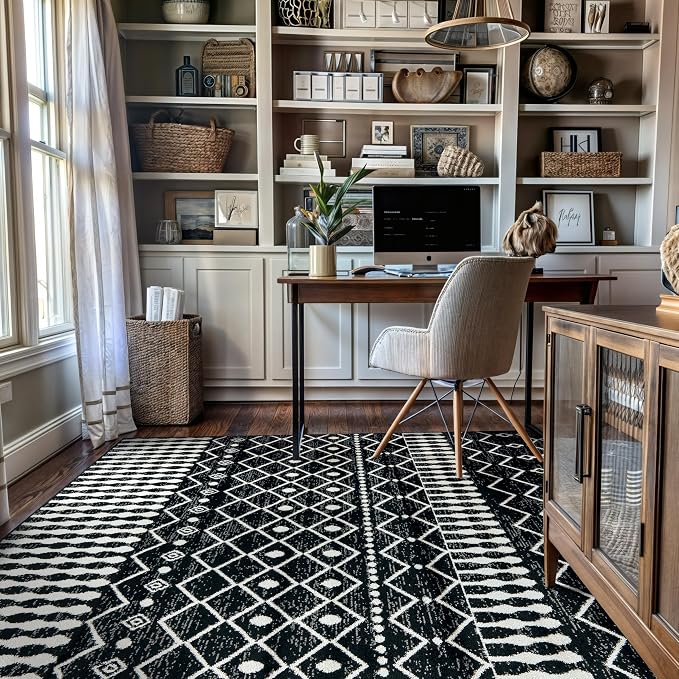 Rugshop Boho Black and White Tribal Area Rug – Geometric Diamond and Stripe - Image 6