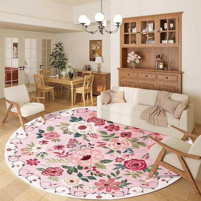 DUKINO Floral Round Rug, 6ft Washable Circle Rug, Non Slip Indoor Low Pile - Image 2