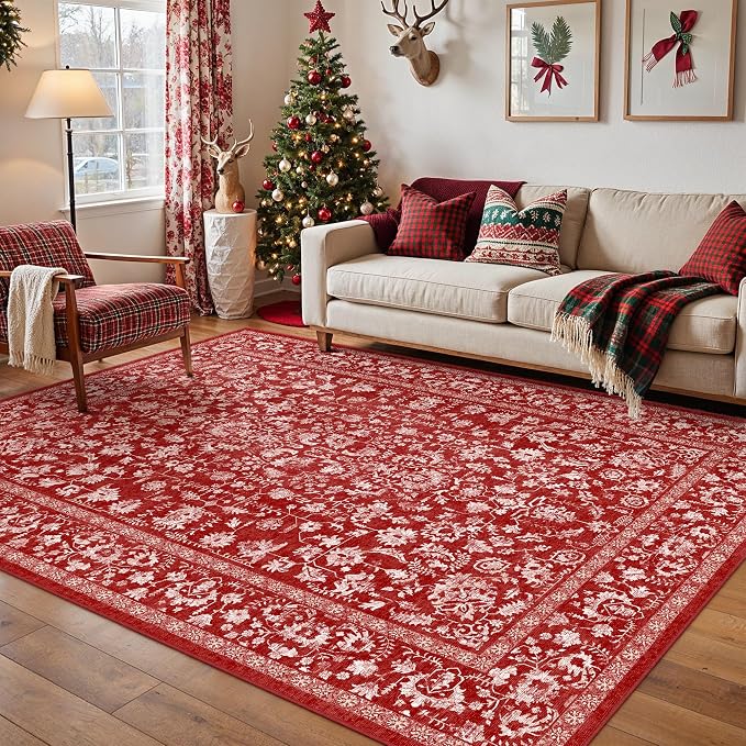 Christmas Area Rug 5x7 Red Washable Living Room Carpet Retro Distressed Floral by PureCozy