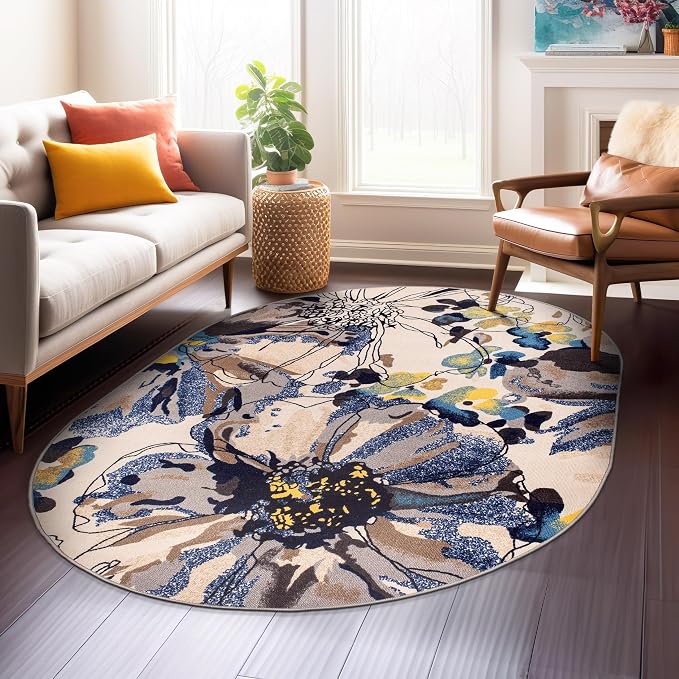 Rugshop Cream Bright Flowers Non Slip Non-Shedding Oval Area Rug by Rugshop