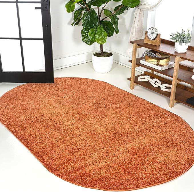 Eyely UES100M-5OV Haze Solid Low-Pile Orange 5 ft. x 8 ft. Oval Area Rug by eyely