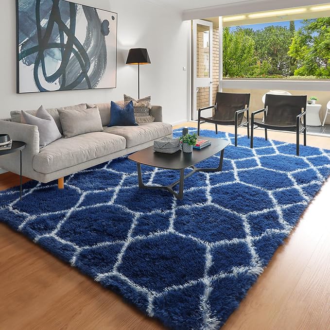 ONASAR Large 8x10 Area Rugs for Living Room, Fluffy Geometric Navy and White - Image 6
