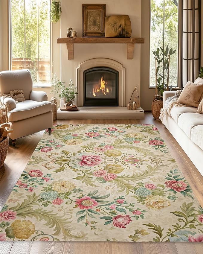 Chic Vintage Rose Rug for Living Room 5x7, Low Pile Non-Slip Backing, Machine by Gearsly