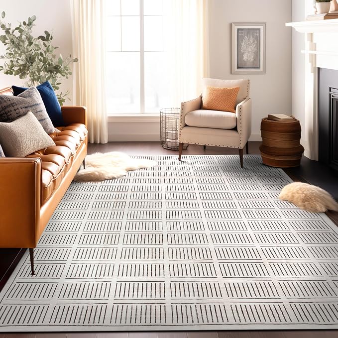 Rugshop Bohemian Stripe Lines Washable Non Slip Area Rug 8' x 10' Ivory by Rugshop