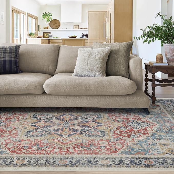 RUGGABLE Washable Vintage Area Rug – Kamran Cayenne Red 5x7, Stain-Resistant by RUGGABLE
