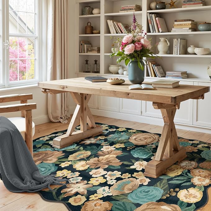 Washable Floral Area Rug 3x5 Black Office Carpet Scalloped Flower Non Slip Soft by PureCozy