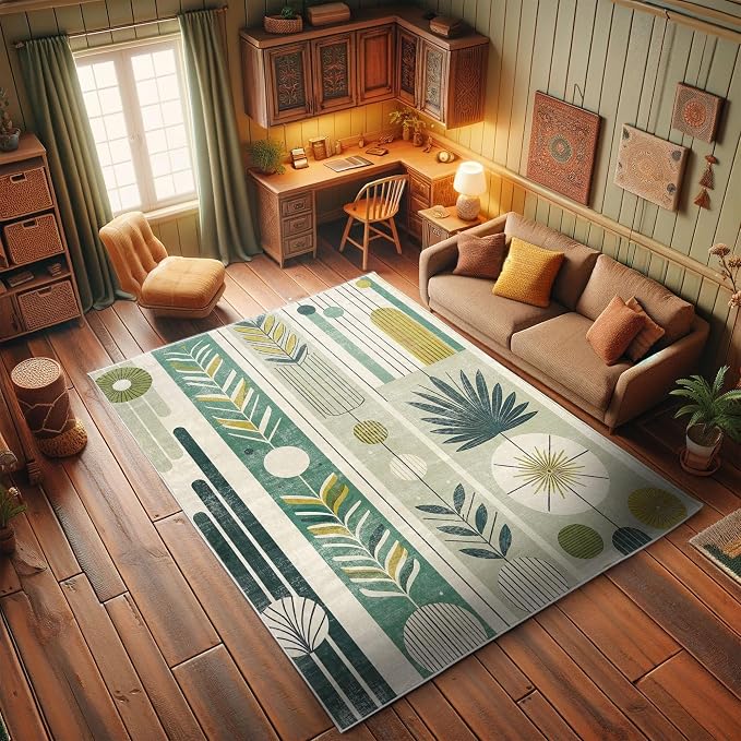 Ambesonne Mid Century Modern Decorative Rug, Abstract Circles Leaves and - Image 6