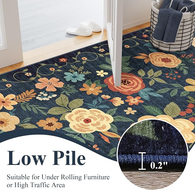 DUKINO Floral Round Rug, 6ft Washable Circle Rug, Non Slip Indoor Low Pile - Image 7