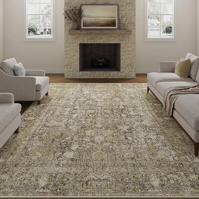 Brown Area Rug 8x10 Machine Washable Large Vintage Living Room Distressed Non by PureCozy