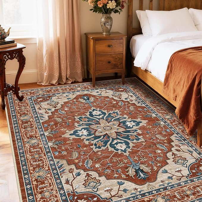 Area Rugs 5'x7' Washable Non-Slip, Floral Vintage Distress Print Pattern - Image 2