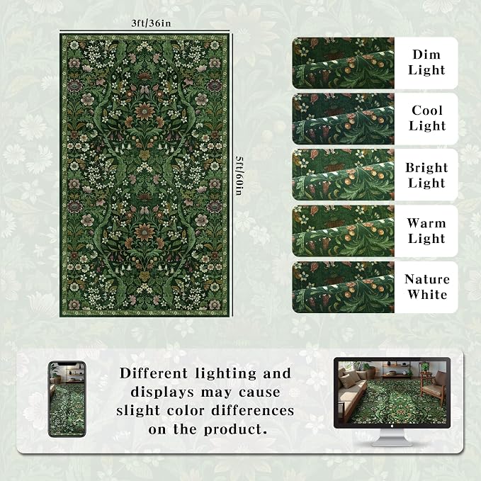 3x5 Dark Green Boho Floral Vintage Area Rug, Soft Lightweight Low Pile - Image 2