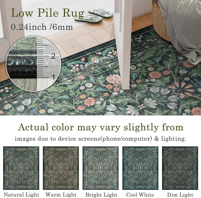 3x5 Washable Area Rug Floral Green Entryway Small Rug Vintage Forest Low Pile - Image 4