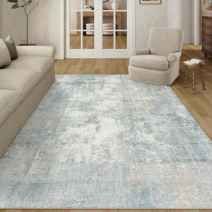 5x7 Washable Area Rug Blue Cream Abstract Living Room Bedroom Carpet Neutral - Image 4