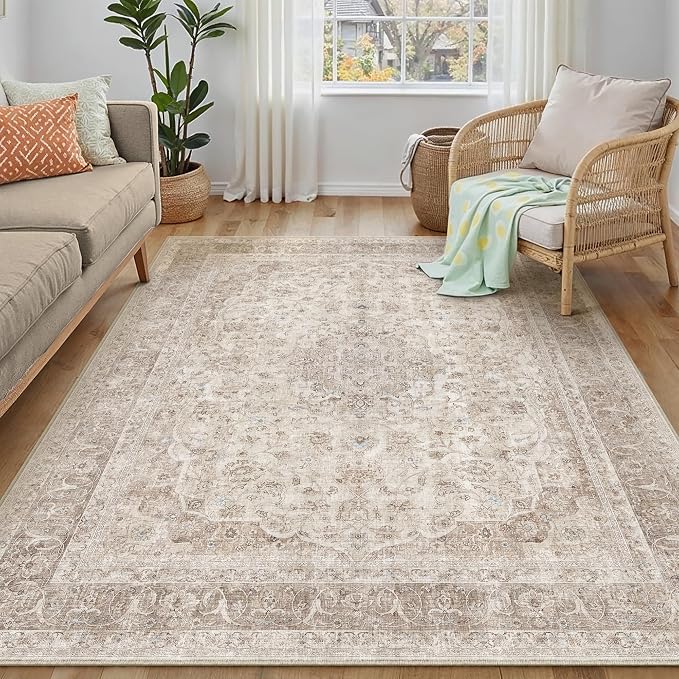 Beige Area Rug 4x5 Washable Office Entryway Vintage Carpet Low Pile Non Slip by PureCozy