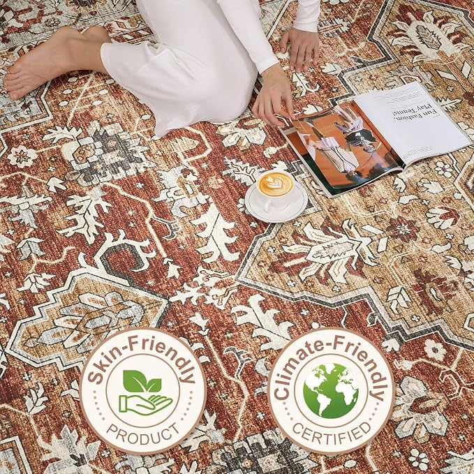 9x12 Area Rug Living Room: Machine Washable Boho Large Vintage Soft Rugs Stain - Image 8