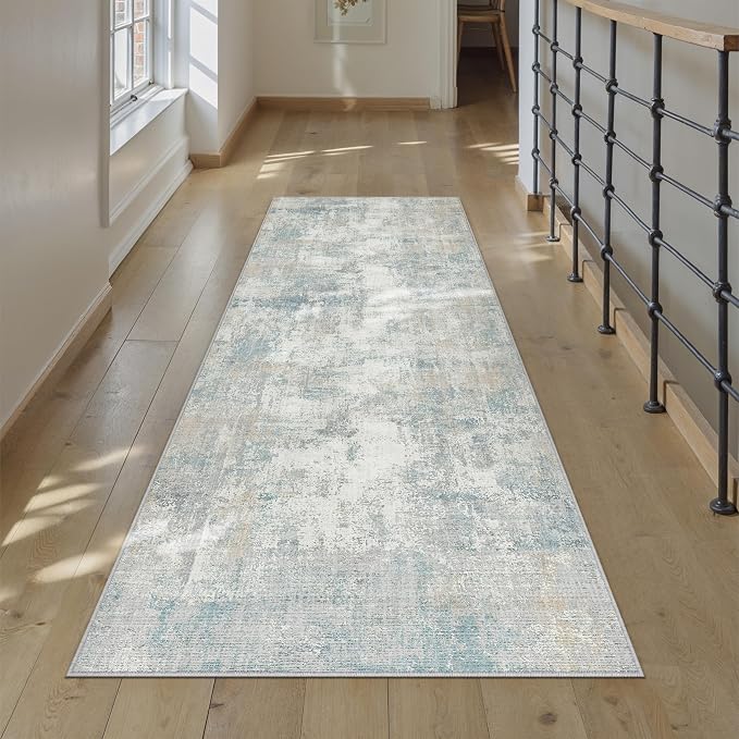 2x5 Washable Runner Rug Blue Cream Abstract Hallway Kitchen Throw Rug Neutral - Image 3