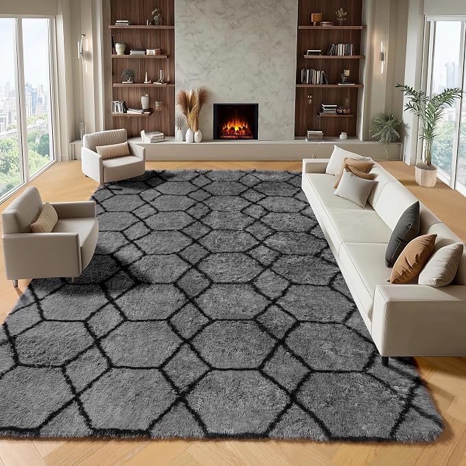 ONASAR 8x10 Area Rugs for Living Room, Fluffy Grey and Black Bedroom Rug by ONASAR