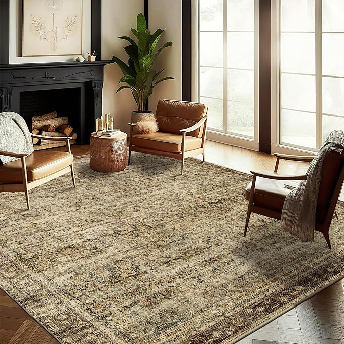 Area Rug 10x14 Washable Brown Vintage Traditional Mat Distressed Indoor by CHAMPLANT