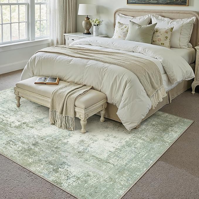 12x15 Washable Area Rug Sage Green Abstract Living Room Bedroom Carpet Neutral - Image 3