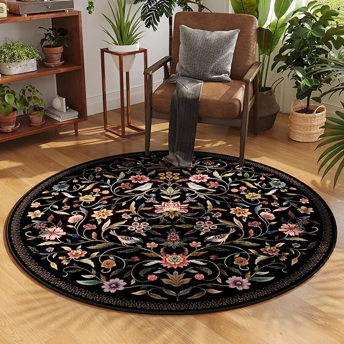 Vintage Medallion Floral Round Rug 4ft, Washable Circle Area Rug, Non-Slip Soft by Vowkten