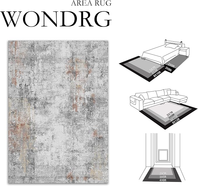 10x12 Washable Area Rug Grey Rust Abstract Living Room Bedroom Carpet Neutral - Image 2