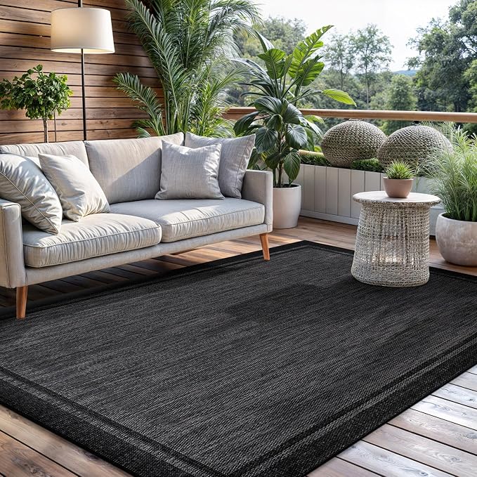 CAMILSON Indoor Outdoor Rug, 6x9 Bordered Dark Grey Black Modern Area Rugs - Image 9