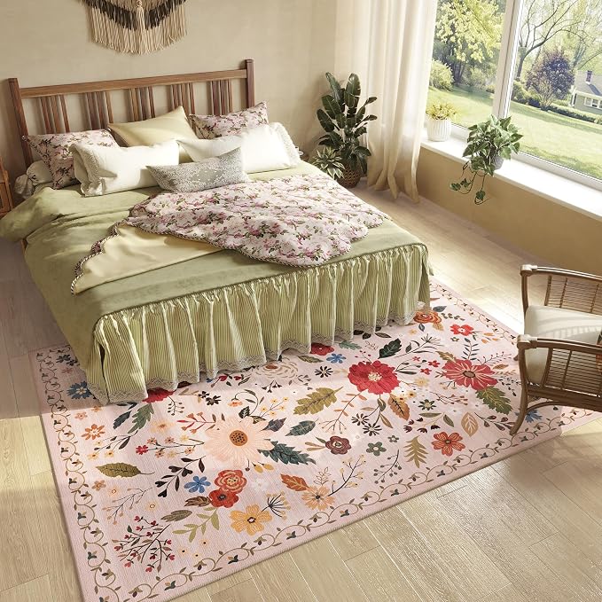 5x7 Washable Rug for Living Room, Non Slip Low Pile Soft Flower Carpet - Image 3