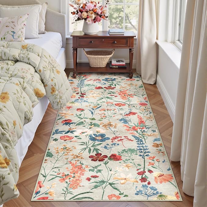 Floral Runner Rug 2x5 Washable Hallway Long Beige Bedroom Carpet Non Slip - Image 6