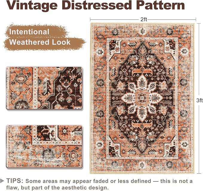 XWZO Entryway Area Rug 2x3ft — Soft Vintage Low Pile Non-Slip Backing Door Mat - Image 2