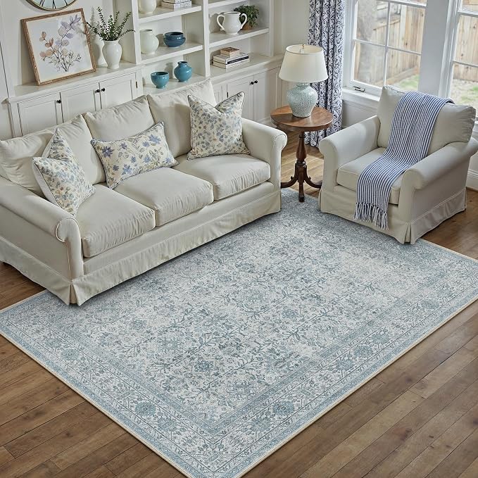 Area Rug 5x7 Blue Washable Living Room Carpet Soft Non Slip Vintage Bedroom by PureCozy