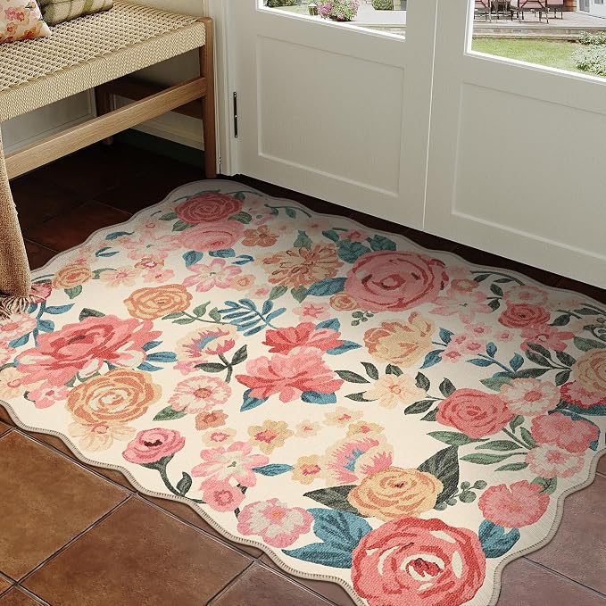 Washable Floral Area Rug 2x3 Beige Small Entryway Carpet Scalloped Flower Non - Image 5