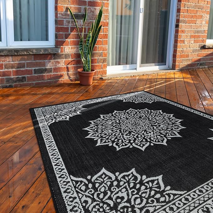 CAMILSON Outdoor Rug, 8x10 Medallion Black White Modern Area Rugs - Image 9