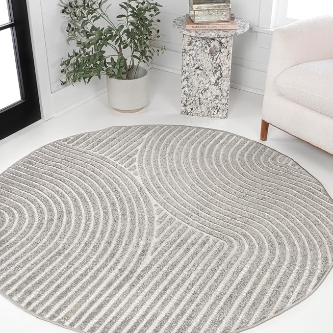 JONATHAN Y Hallie High-Low Curve Gray/Ivory 9' Round Indoor/Outdoor Area Rug - Image 3