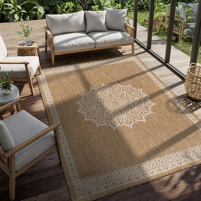 CAMILSON Outdoor Rug 6x9 Medallion Natural Modern Area Rugs - Image 7