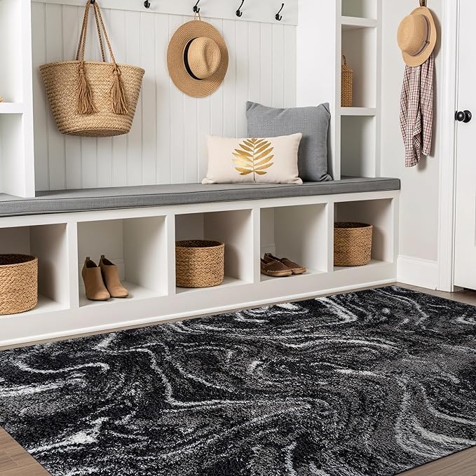 Rugshop Abstract Marble Shag Area Rug Anthracite Dark Gray 4' x 6' Ideal by Rugshop