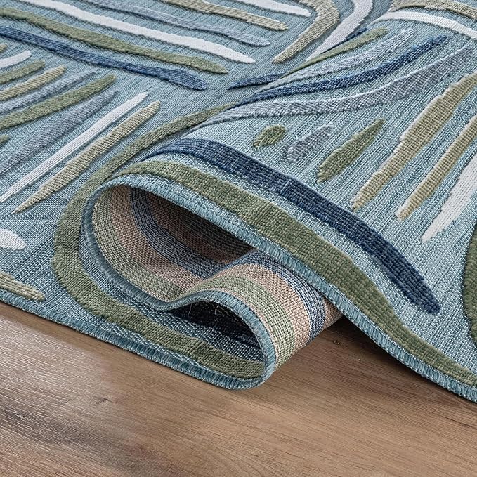 CAMILSON Indoor Outdoor Rug, Aqua 6x9 Geometric Arch Striped Area Rugs - Image 3