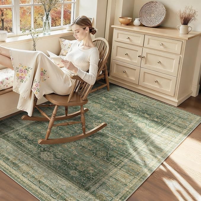 HelloTree Vintage Area Rug 3x5 Green Entryway Office Washable Carpet Non Slip - Image 3