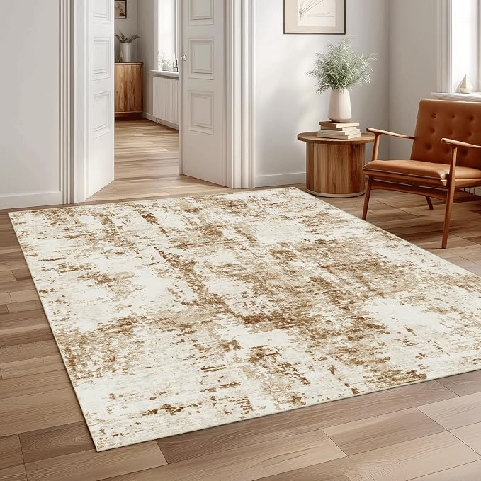 FMFUNCTEX 4x6 Washable Area Rug Brown Beige Abstract Modern Neutral Non Slip - Image 3