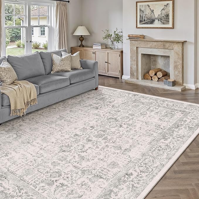 Gray Area Rug 8x10 Machine Washable Large Vintage Living Room Distressed Non - Image 5