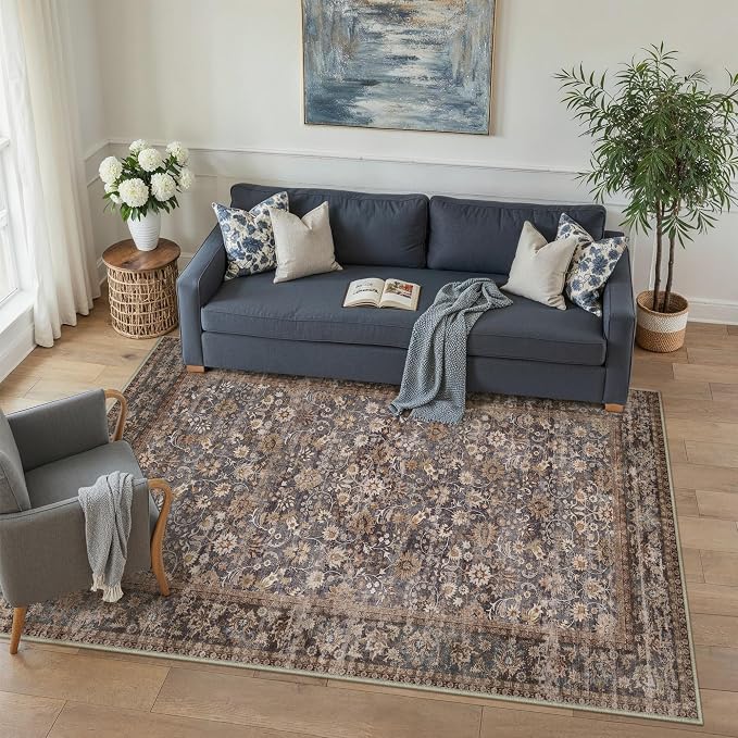 HUGEAR 3x5 Machine Washable Rugs Tradition Brown Hallway Area Rug Indoor Accent - Image 3