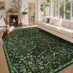 9x12 Dark Green Vintage Floral Area Rug, Washable Large Boho Living Room Rugs - Image 3