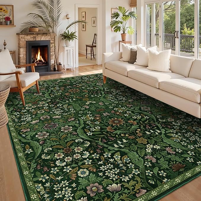 9x12 Dark Green Vintage Floral Area Rug, Washable Large Boho Living Room Rugs - Image 3