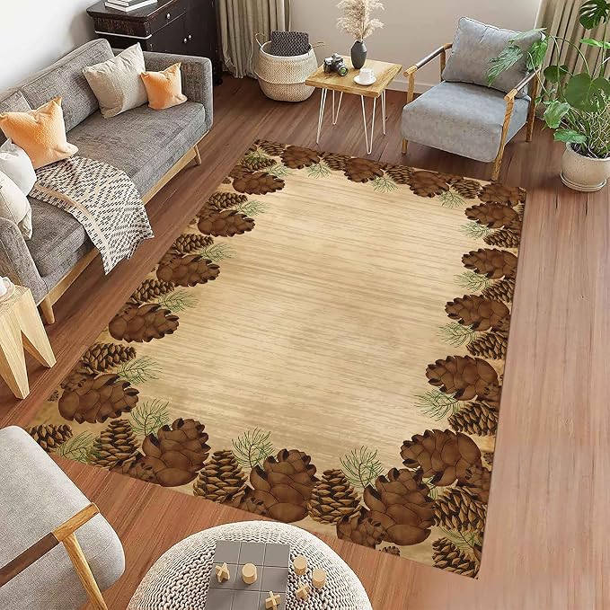Rustic Lodge Brown Area Rug 4x5ft Pine Cone Leaf Botanical Print Home Decor Non - Image 3