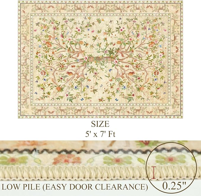 5x7 Area Rugs for Living Room, Machine Washable Non-Slip Carpet, Boho Floral - Image 2