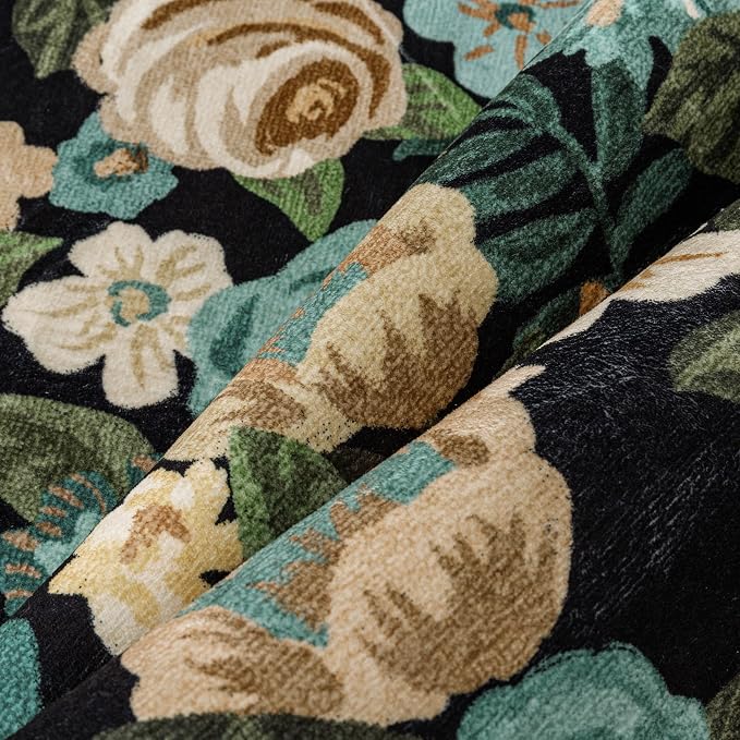 Washable Floral Runner Rug 2x6 Black Hallway Carpet Scalloped Flower Non Slip - Image 7
