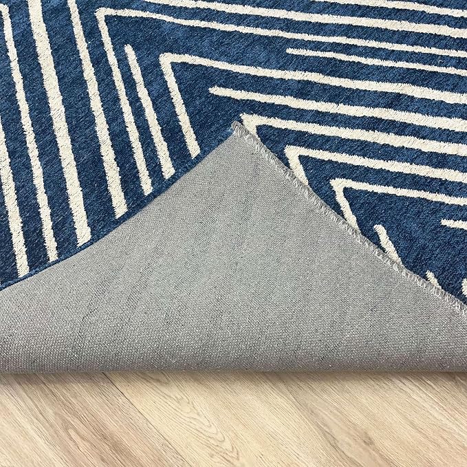 Alfa Rich 5x8 Geometric Navy Blue Off White Washable Area Rugs - Image 3