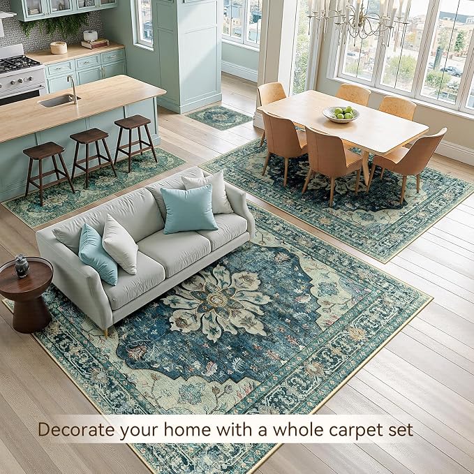Area Rugs 2'x8' Washable Non-Slip, Floral Vintage Distress Print Pattern - Image 3