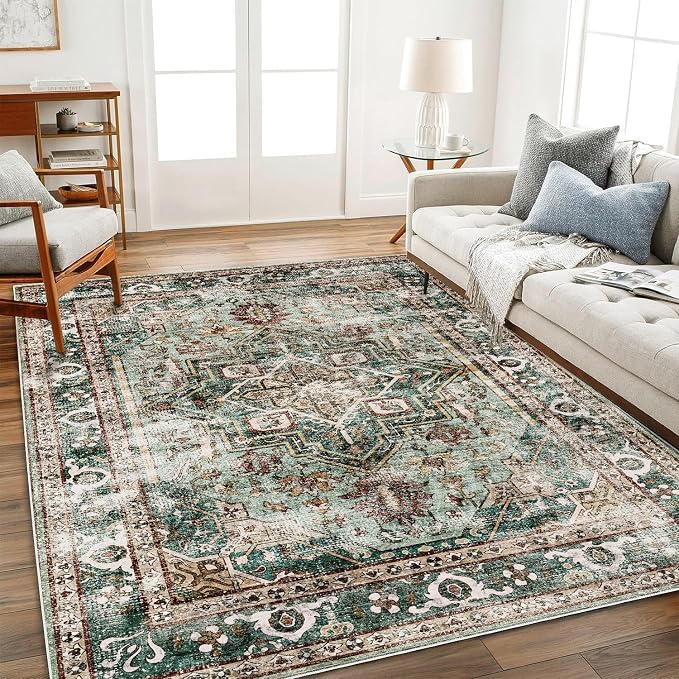 Green Area Rug 10'x14' Washable Vintage Traditional Mat Distressed Indoor by CHAMPLANT