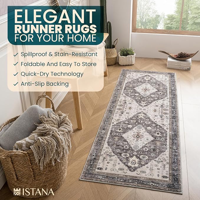 Istana Hallway Runner Rug 2.5x8 – Dark Grey Blue/Rose Mauve Entryway Rug - Image 5